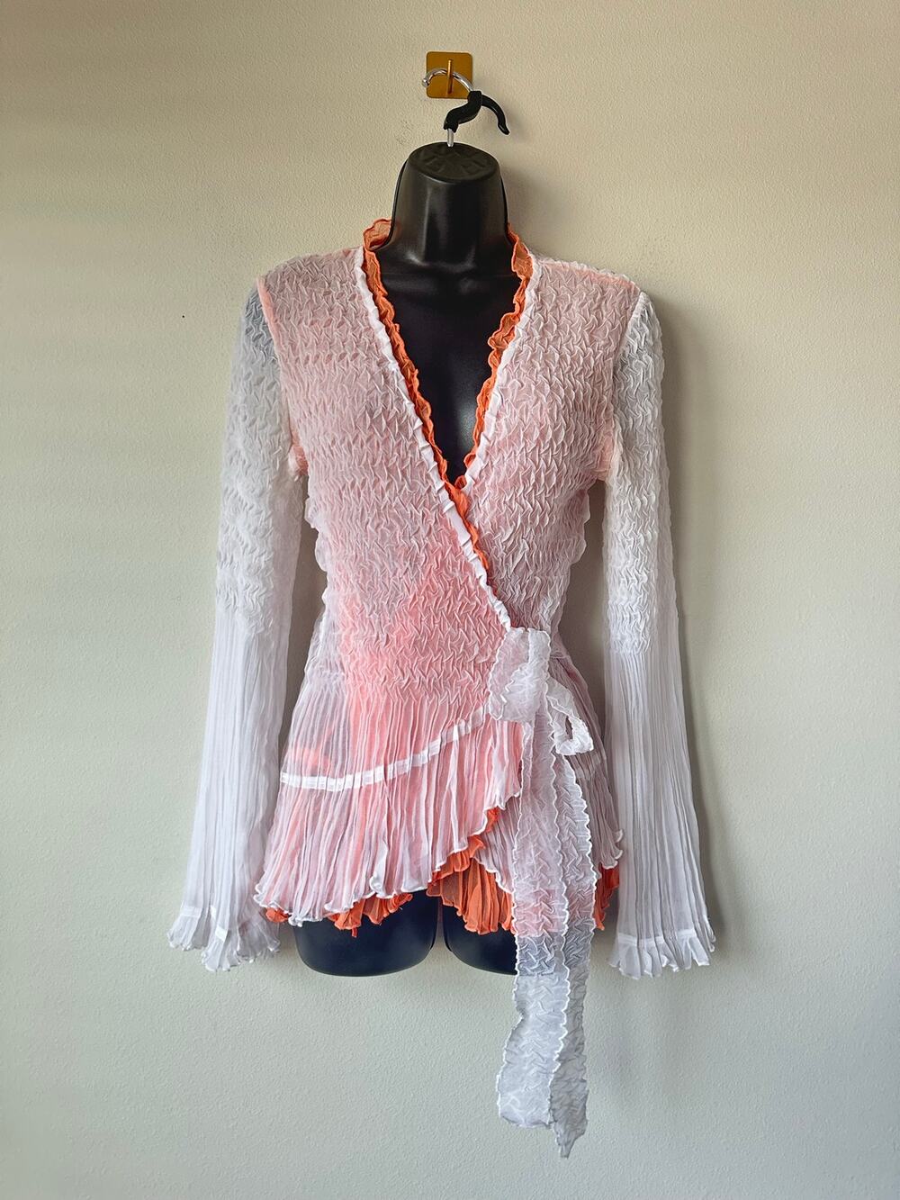 Vintage Y2K Cache Sheer Crinkle Wrap Top Orange White Fairycore Romantic Size M